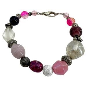 Pink Kawaii Glass 7.5 inch Silver Lobster Claw Handmade Bracelet